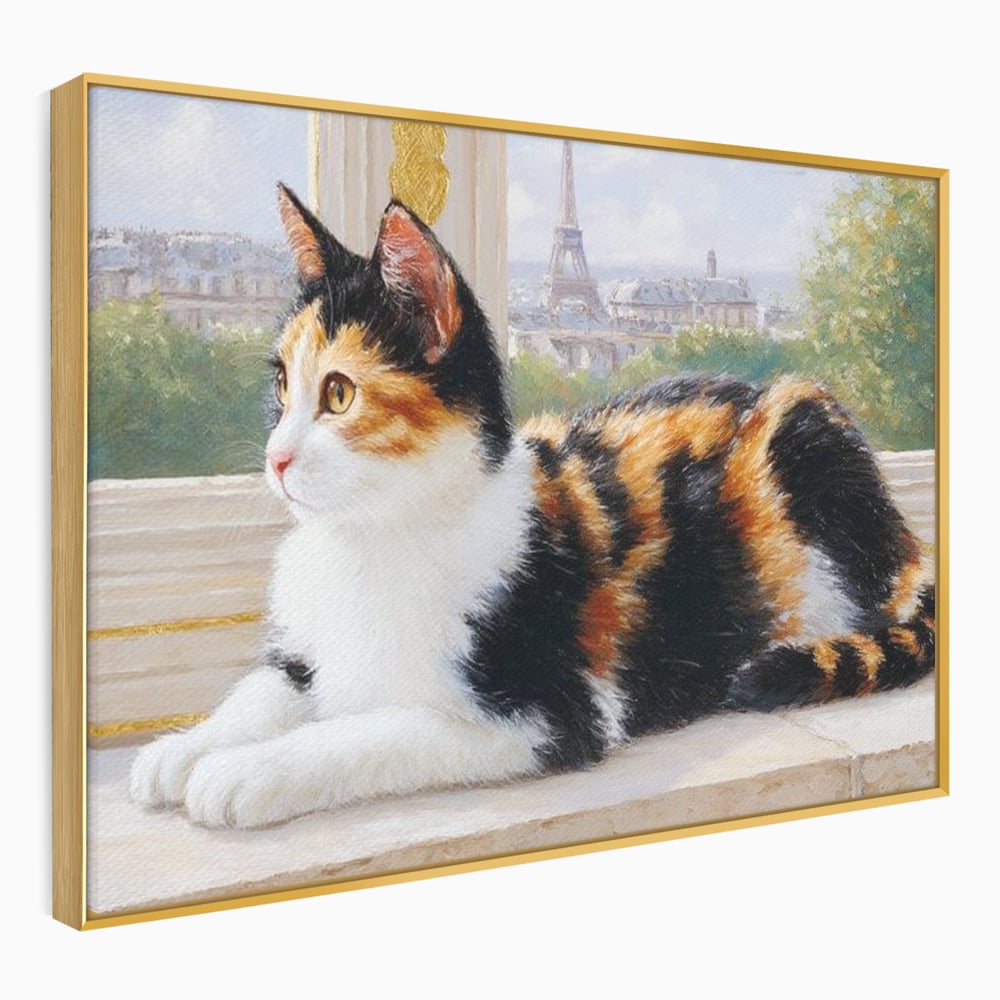 Tablou canvas cu pictura cu pisica calico si turnul eiffel, in rama de aluminiu auriu